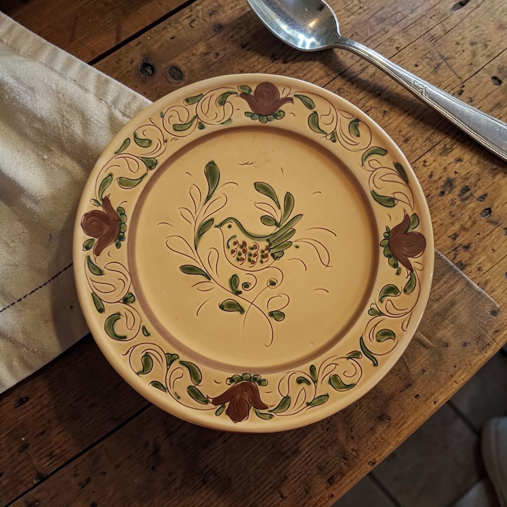 Vietri Hand-Painted Yellow Ceramic Plate with Green and Brown Floral Bird Design